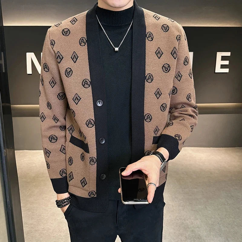 Cárdigan de punto de Jacquard para hombre, chaquetas informales de negocios, abrigos con botones, ropa de M-4XL, otoño