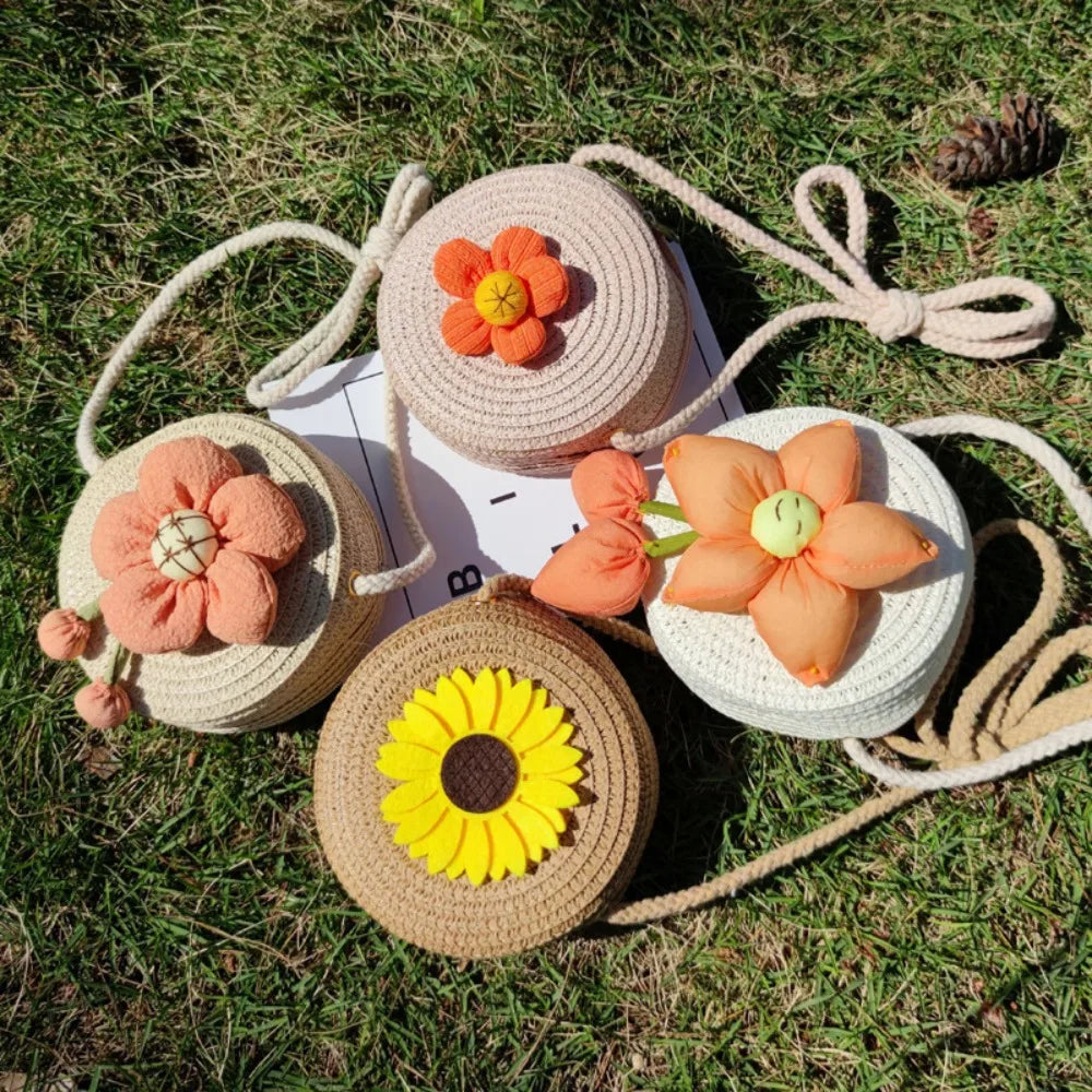 Bolso de hombro hecho a mano para niños y niñas, con flores bandolera de paja, monedero para llaves, Mini bolso de princesa