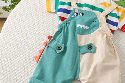 Ropa de verano para niños, ropa de moda para niños pequeños, ropa de arcoíris, camiseta, pantalones con pechera de dinosaurio de dibujos animados, 2 unids/set, traje para niños