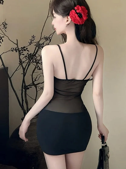 Vestido Elegante Strapless para Mujer – Cintura Alta, Falda Corte A y Diseño con Paneles de Malla