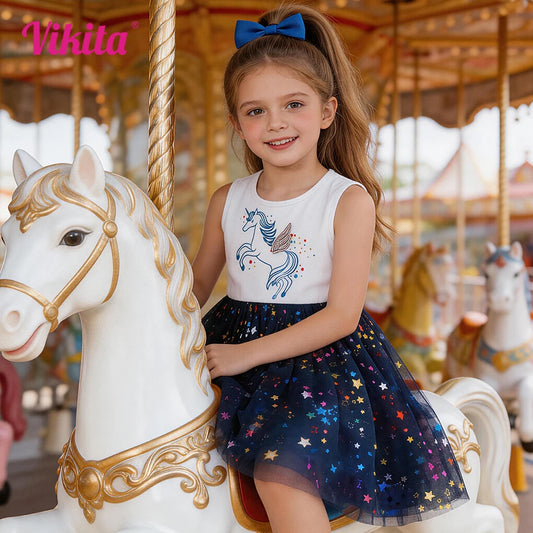 VIKITA, vestido azul marino sin mangas de verano para niñas, vestidos de vacaciones de malla brillante con estrella de Licorne a la moda para niños pequeños de 7 a 12 años