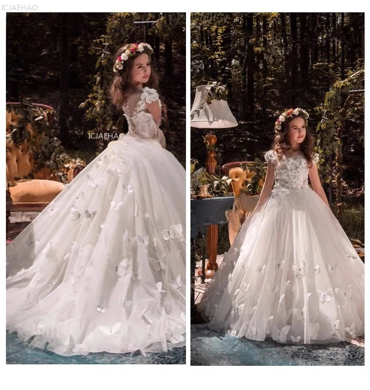 Vestido de fiesta de princesa largo blanco para niñas con tren para actuación de Piano vestido Formal de desfile de cumpleaños de boda para niñas de flores
