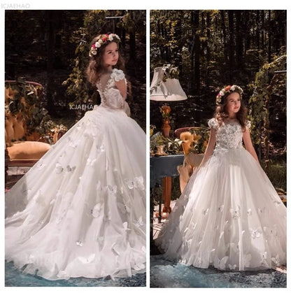 Vestido de fiesta de princesa largo blanco para niñas con tren para actuación de Piano vestido Formal de desfile de cumpleaños de boda para niñas de flores