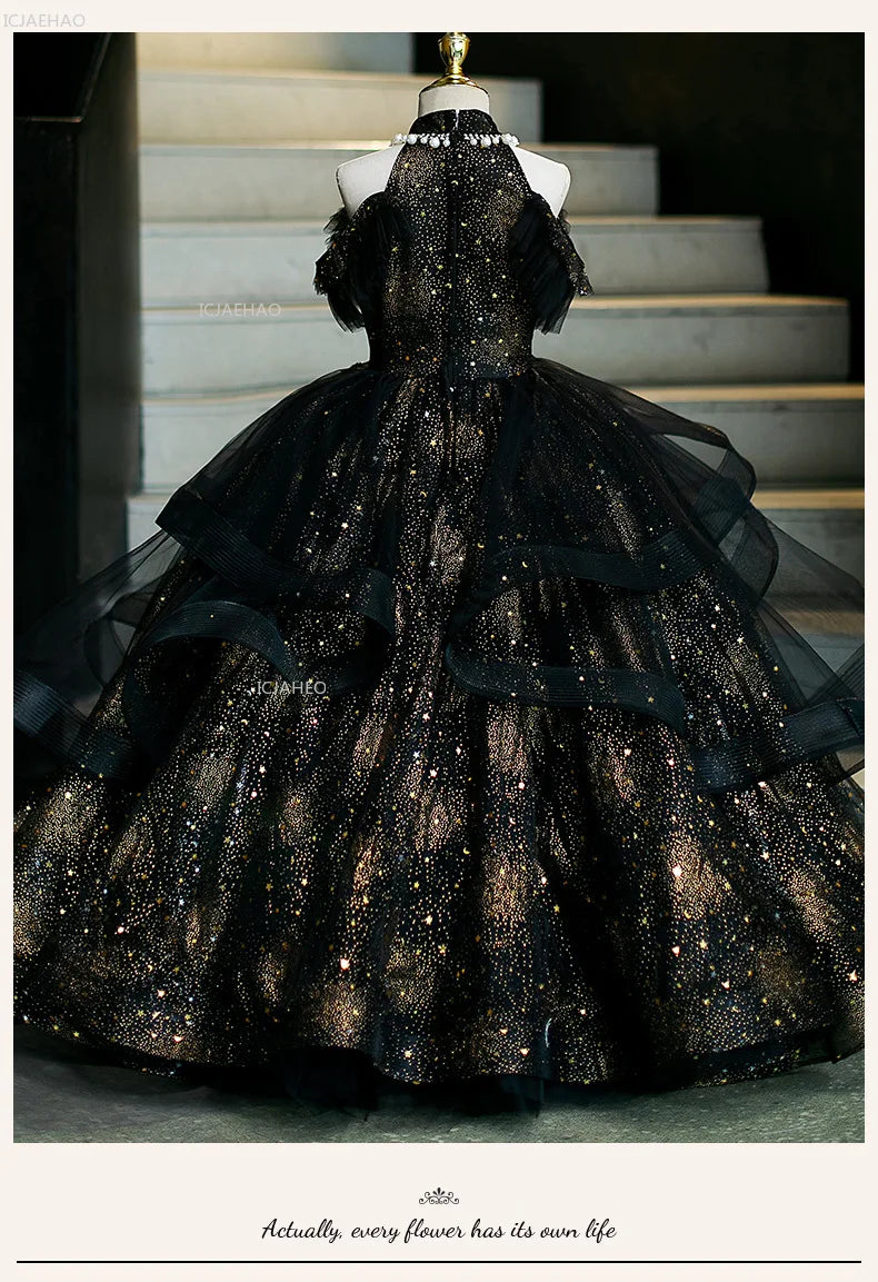 Vestido de fiesta de cumpleaños negro para niñas, vestido de princesa de tul hinchado para actuaciones de Piano, vestidos de desfile de desfile de moda
