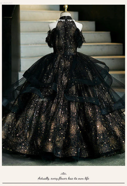Vestido de fiesta de cumpleaños negro para niñas, vestido de princesa de tul hinchado para actuaciones de Piano, vestidos de desfile de desfile de moda