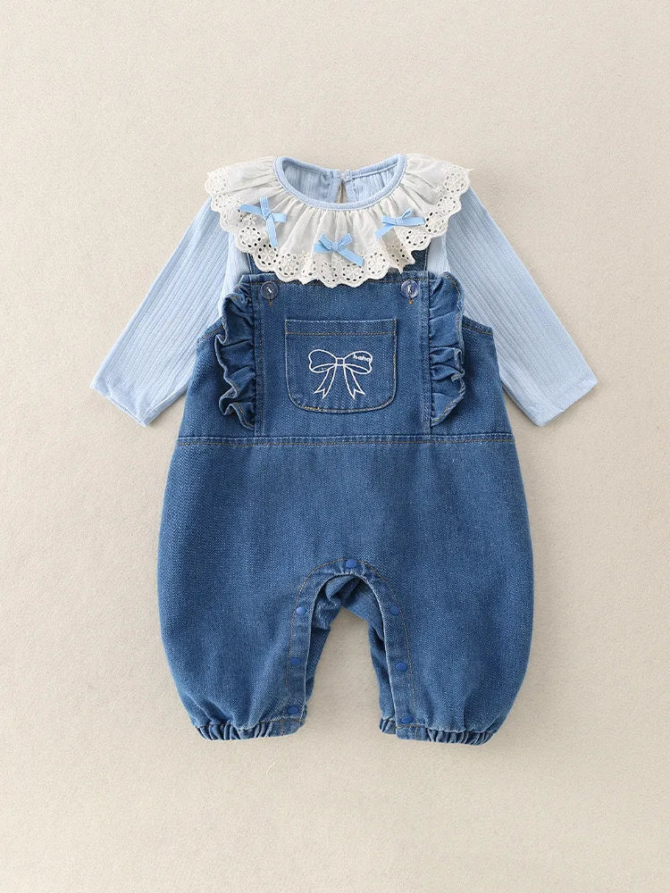 Conjunto de 2 piezas de lujo coreano para niña, conjunto de camiseta y camiseta a la moda con cuello de encaje, pelele elegante de Estilo Princesa, traje de otoño