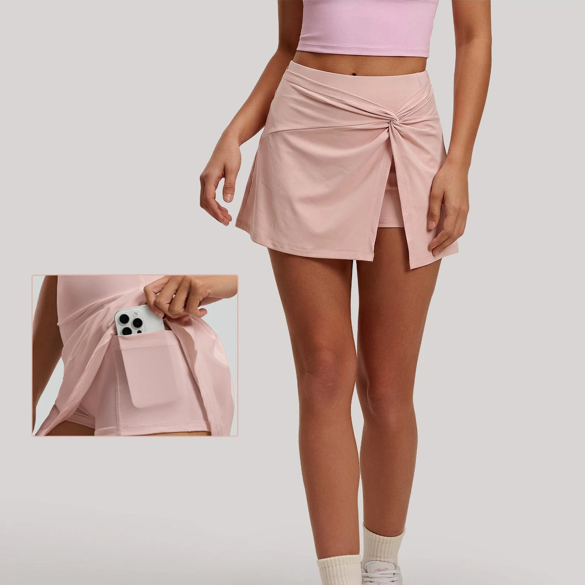 Falda deportiva para mujer, falda de tenis de cintura alta con nudo frontal, falda plisada con abertura discreta, minifalda transpirable con bolsillos, color rosa