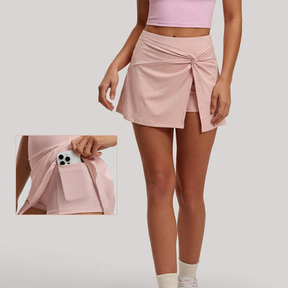 Falda deportiva para mujer, falda de tenis de cintura alta con nudo frontal, falda plisada con abertura discreta, minifalda transpirable con bolsillos, color rosa