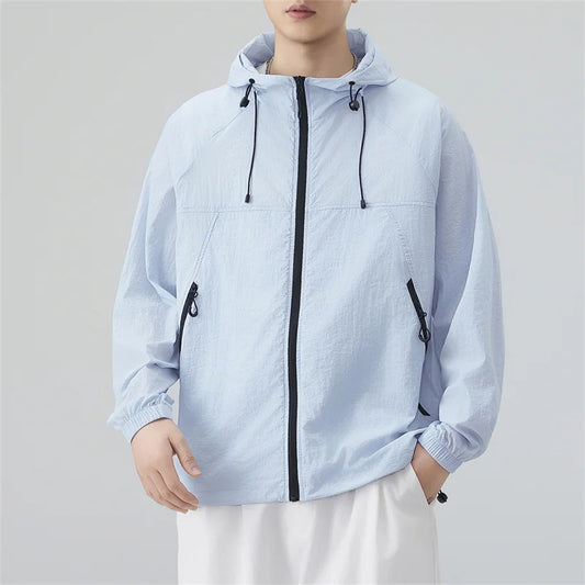 Chaqueta con capucha de protección solar para hombre, ligera, transpirable, con cremallera, cortavientos, informal, para exteriores, verano, senderismo, pesca