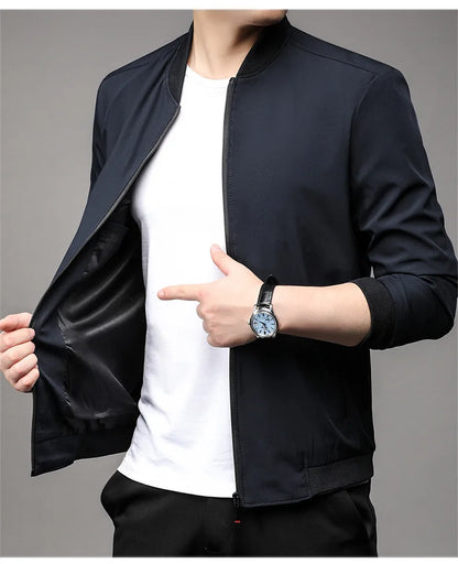 Chaquetas de alta calidad para hombre, chaqueta informal inteligente con cuello de béisbol, abrigo ajustado, prendas de vestir exteriores de Color sólido, primavera y otoño