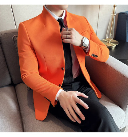 Chaqueta de traje con cuello levantado de alta calidad para hombre, chaquetas de negocios informales, abrigo coreano con gofres para boda, novio, banquete, vestido de fiesta, 2025
