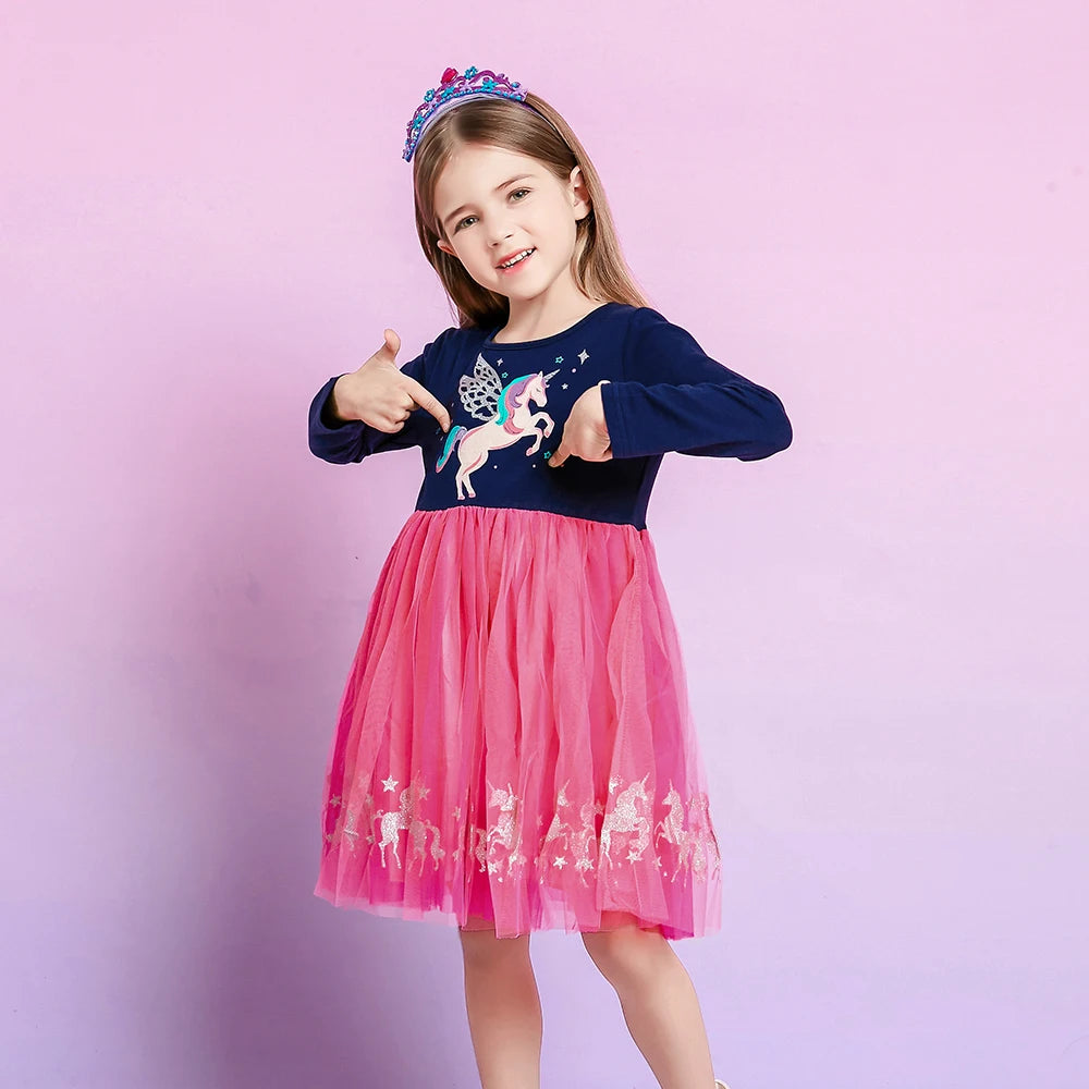 VIKITA-vestido de manga larga para niñas, azul marino, rosa, estampado de unicornio brillante, malla de tul, fiesta de fantasía, vestido elegante informal de princesa