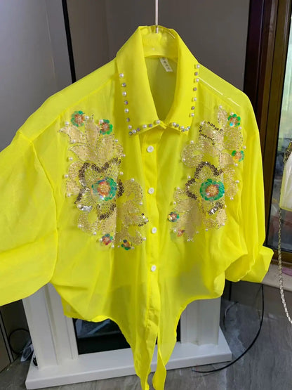 Blusas con Lentejuelas Brillantes y Bordados para Mujer, Chaquetas de Verano con Protección Solar, Ropa Coreana Popular