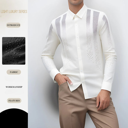 Camisa de manga larga con diamantes de imitación brillantes para hombre, camisas de vestir de negocios informales ajustadas, camisa de lujo versátil para fiesta de banquete de alta calidad