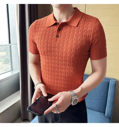 Polo de manga corta de punto Jacquard para hombre, camiseta de Golf con solapa de moda, ajustada, nueva