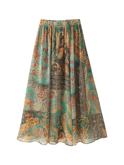 Falda Midi de Gasa con Estampado Retro Dulce y Moderno para Mujer, Estilo Veraniego, Diseño Holgado en la Cintura, Corte en A...