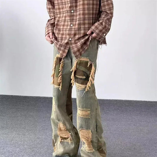 Pantalones vaqueros rasgados de camuflaje para hombre, ropa de calle Vintage Y2K, vaqueros de pierna ancha, moda Hip Hop, vaqueros holgados desgastados, otoño