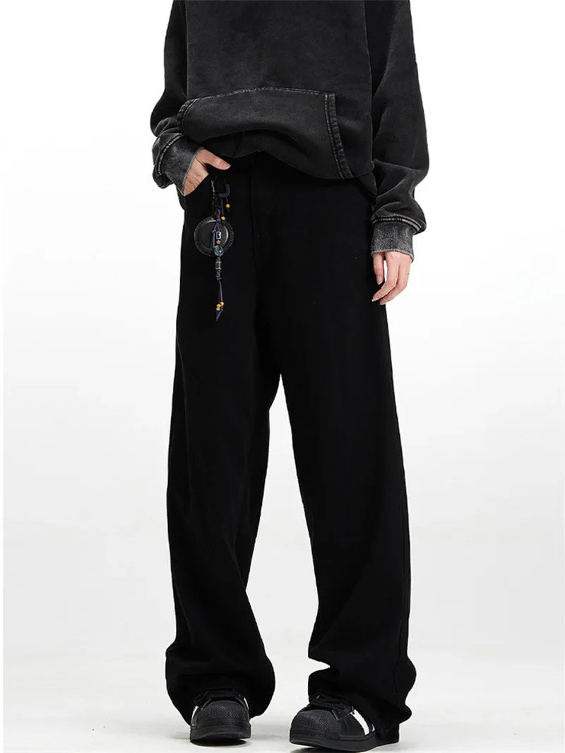 Pantalones Vaqueros de Hombre con Bordado de Palmeras, Estilo Casual, Negros, Rectos, Holgados, Moda Hip Hop, Streetwear Y2K