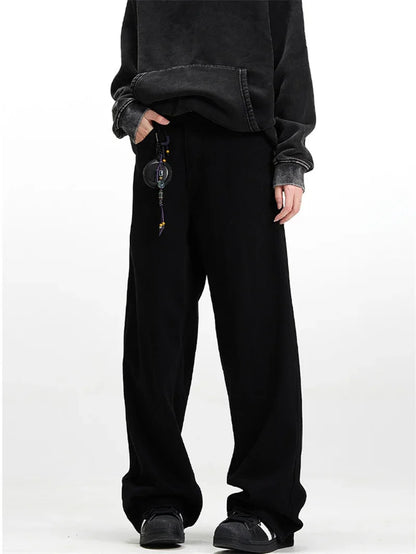 Pantalones Vaqueros de Hombre con Bordado de Palmeras, Estilo Casual, Negros, Rectos, Holgados, Moda Hip Hop, Streetwear Y2K