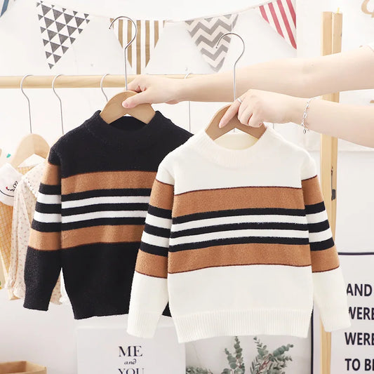 Suéter de otoño e invierno para niños de 2 a 6 años, camisa tejida de manga larga con diseño de rayas y cuello alto para niños, prendas de punto bonitas