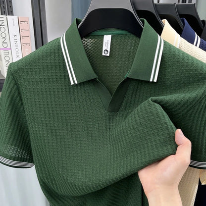 Nueva Camiseta Polo de Verano para Hombre |   Cuello en V con Rayas |   Camiseta de Manga Corta, Transpirable y Ajustada