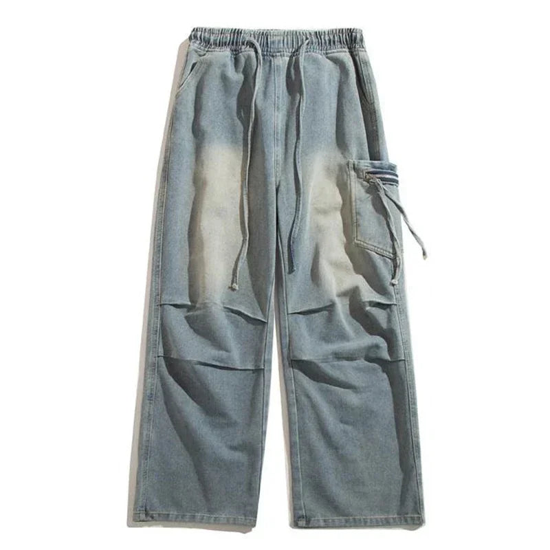 Pantalones vaqueros Cargo plisados de calle alta de otoño para Hombre, Pantalones vaqueros rectos de pierna ancha con bolsillo, moda Hip Hop Y2K, Vaqueros holgados
