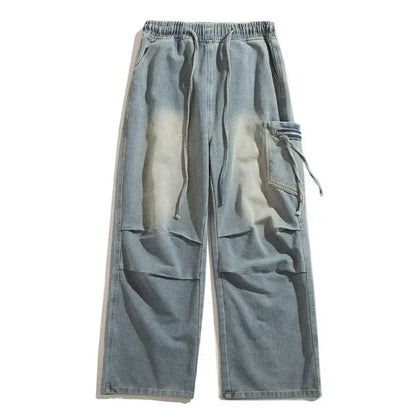 Pantalones vaqueros Cargo plisados de calle alta de otoño para Hombre, Pantalones vaqueros rectos de pierna ancha con bolsillo, moda Hip Hop Y2K, Vaqueros holgados