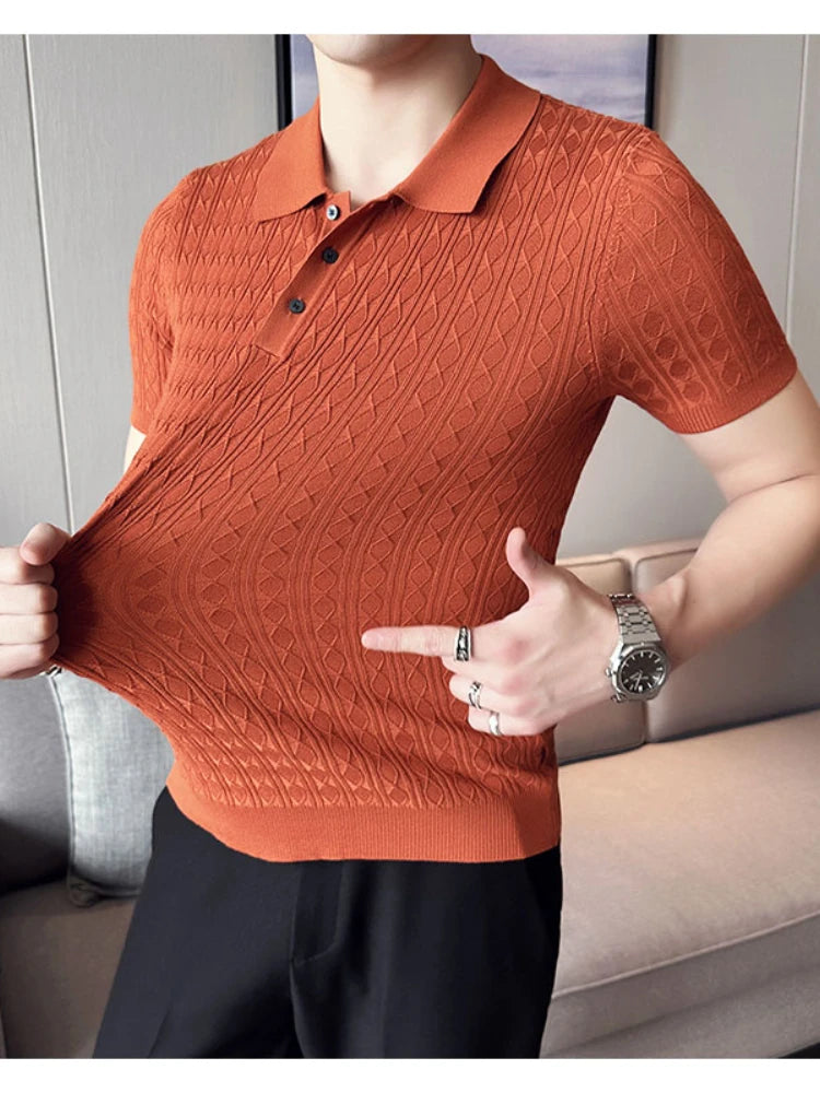 Polo de manga corta de punto Jacquard para hombre, camiseta de Golf con solapa de moda, ajustada, nueva