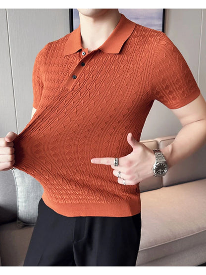Polo de manga corta de punto Jacquard para hombre, camiseta de Golf con solapa de moda, ajustada, nueva