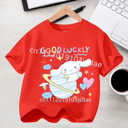 Camiseta de Manga Corta para Niños, Estilo Urbano, Verano 2026, Ropa Casual, Regalo Kawaii, Linda Camiseta de Cinnamoroll para Niña, Camiseta de Algodón con Estampado de Anime