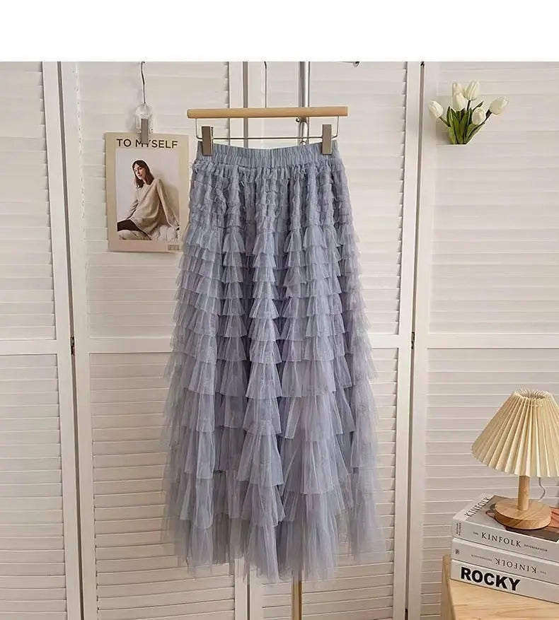 Falda larga de tul de talla grande para mujer, cintura alta, estilo A, con capas, elegante, para 200 libras, estilo coreano, ...
