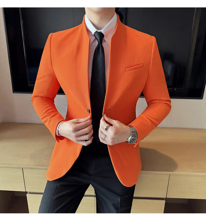 Chaqueta de traje con cuello levantado de alta calidad para hombre, chaquetas de negocios informales, abrigo coreano con gofres para boda, novio, banquete, vestido de fiesta, 2025
