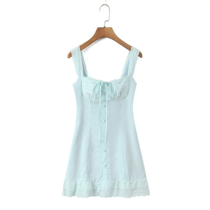 Vestido Corto Elegante de Encaje para Mujer, Escote Cuadrado, Lazo en la Cintura, Corte A, Sin Mangas, Ideal para Verano, Fiestas y Eventos