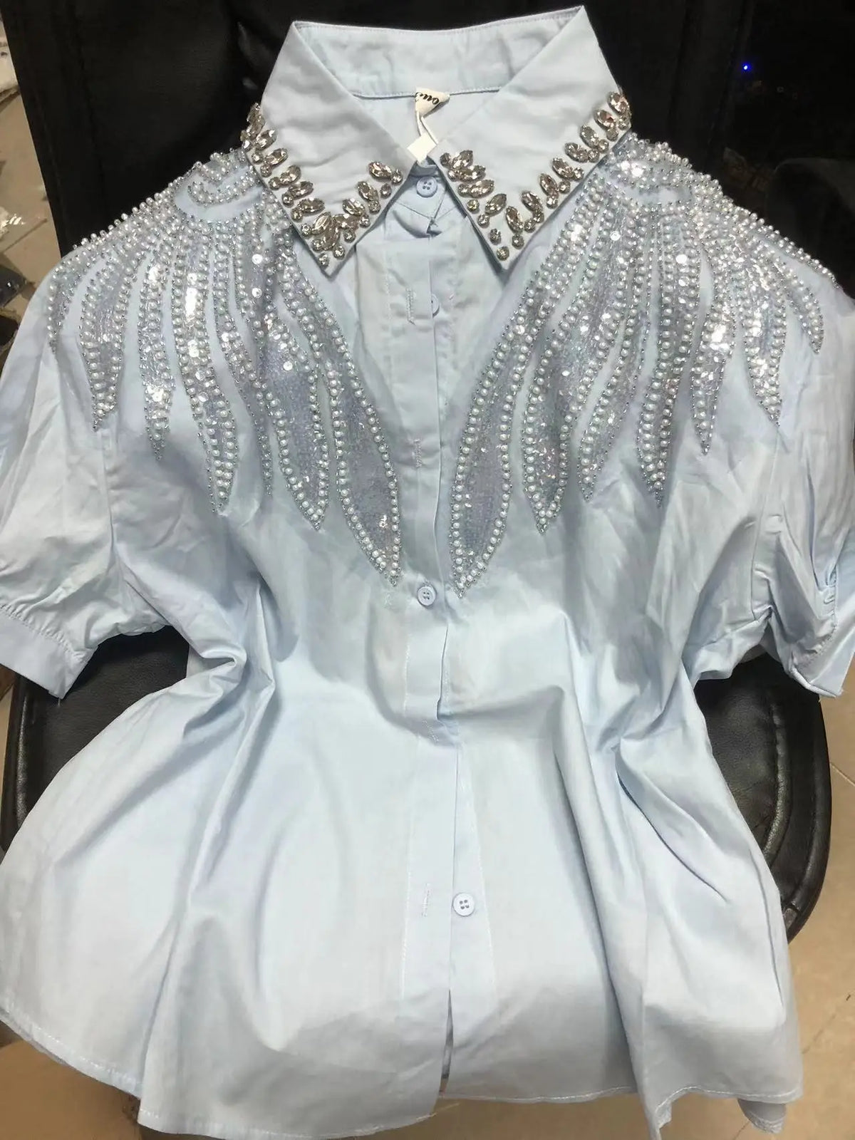 Blusas de Algodón con Cuentas y Lentejuelas Bordadas, Fotos Reales, Camisas de Mujer, Verano 2026, Manga Corta, Tops de Oficina para Dama, Camisas de Mujer