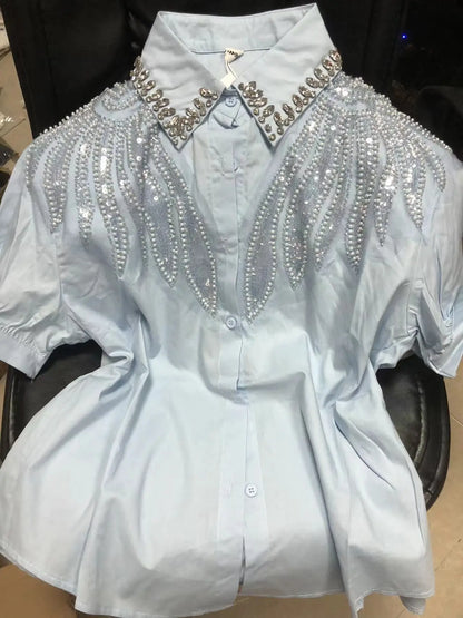 Blusas de Algodón con Cuentas y Lentejuelas Bordadas, Fotos Reales, Camisas de Mujer, Verano 2026, Manga Corta, Tops de Oficina para Dama, Camisas de Mujer