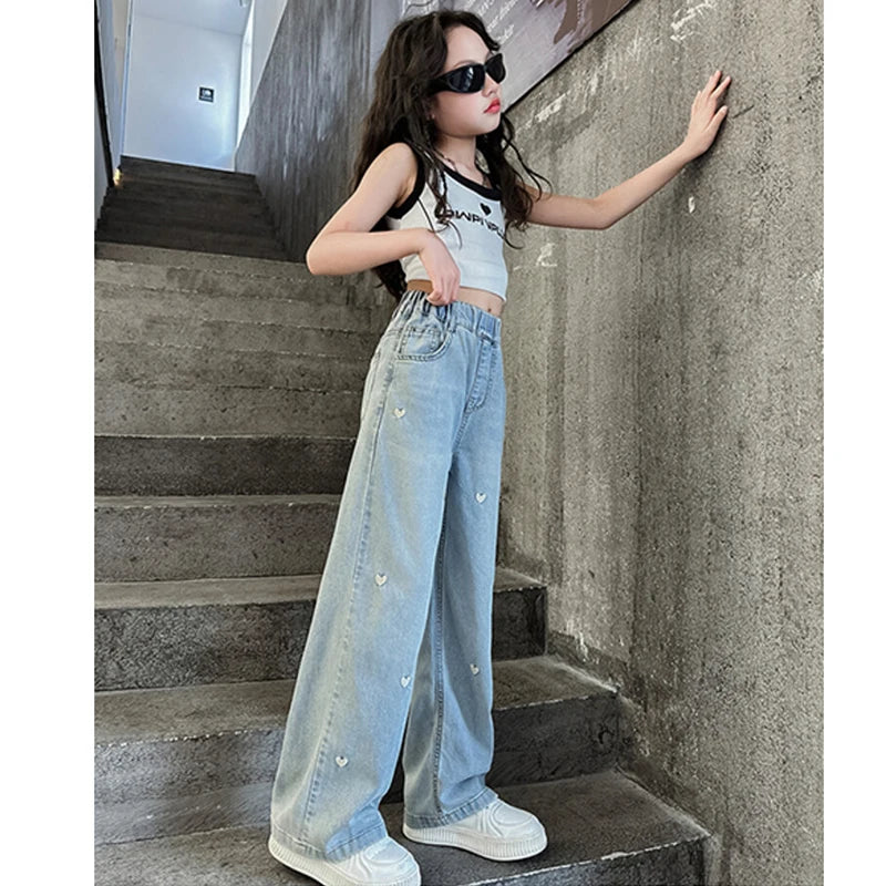 New Summer Girls Jeans Lightweight And Breathable Style Small Hearted Embroidery Mosquito-proof Pants For 4-14 Years Teen Girls
