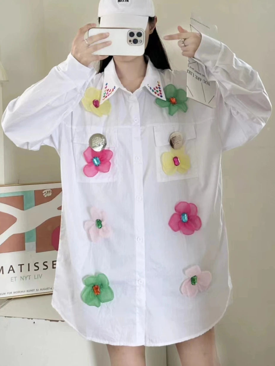 Blusas Largas de Algodón con Lentejuelas, Flores y Puntadas, para Mujer, Primavera 2025, Camisa de Manga Larga, Estilo Y2K, Blusas