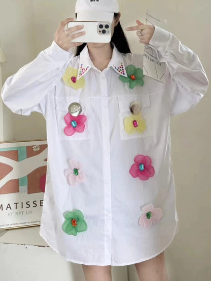 Blusas Largas de Algodón con Lentejuelas, Flores y Puntadas, para Mujer, Primavera 2025, Camisa de Manga Larga, Estilo Y2K, Blusas