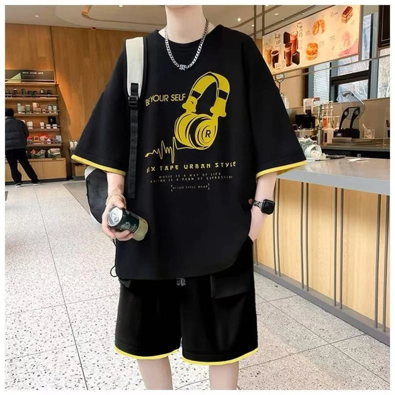 Nuevo conjunto de chándal de gran tamaño para hombre, camisetas geniales de verano, pantalones cortos deportivos, conjuntos de 2 piezas, trajes de moda, ropa para hombre 2025