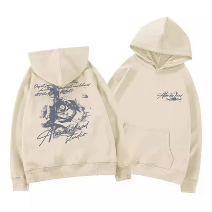 Sudadera con Capucha para Hombre, Estampado Vintage de Rosas, Estilo Urbano Oversize, Gráfico de Letras Cursivas, Sudadera Casual para Otoño e Invierno