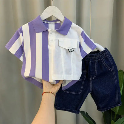 Conjunto de dos piezas de manga corta para niño adolescente, Polo a rayas, pantalones cortos Vaqueros, ropa coreana, verano, nuevo, 2-11 años
