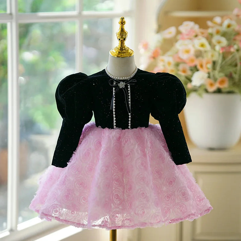 Vestido de novia de niña de flores de manga larga para niños, vestido de princesa para 1er cumpleaños, Piano, Recital, fiesta de cumpleaños, ropa Formal