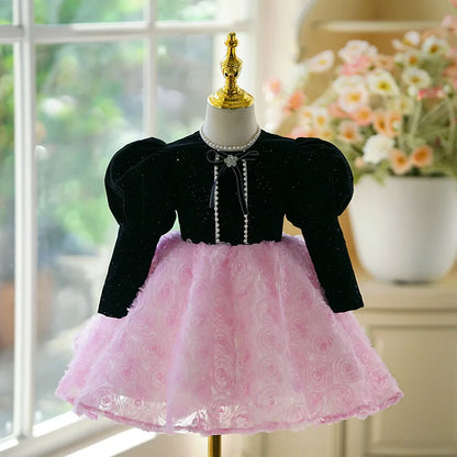 Vestido de novia de niña de flores de manga larga para niños, vestido de princesa para 1er cumpleaños, Piano, Recital, fiesta de cumpleaños, ropa Formal