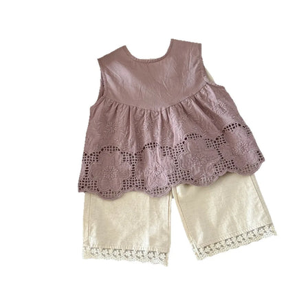 Conjuntos de ropa de verano para niñas, camiseta interior sin mangas para niños, camisa de muñeca + pantalones de pierna ancha antimosquitos con borde de encaje para bebé, conjuntos de 2 uds.