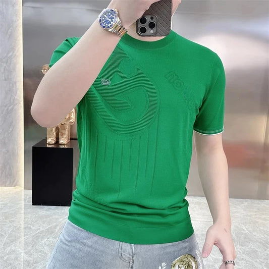Camiseta de manga corta de seda de hielo tejida de lujo para hombre, camisetas informales versátiles a la moda de verano, ropa de calle, Jersey Social, suéter