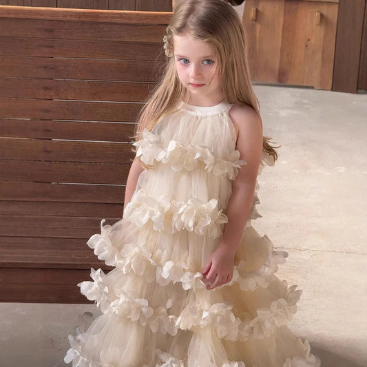 2025 Primavera Verano nueva ropa para niños niñas cuello colgante flor vestido largo en capas coreano niños cumpleaños vestido de princesa