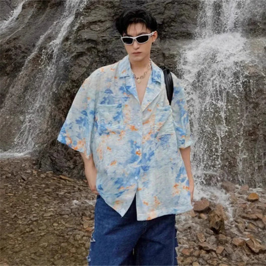 Camiseta de Manga Corta con Estampado Floral Tie-Dye para Hombre, Estilo Hawaiano, Casual, a la Moda, con Diseño Estético, para Usar en la Calle