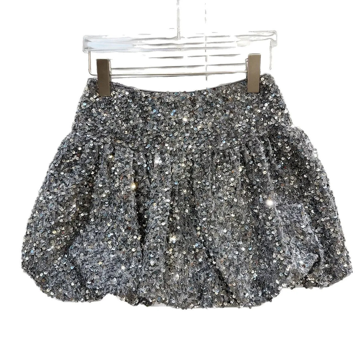 Falda corta de lentejuelas para niñas, falda corta de cintura elástica con lentejuelas brillantes y brotes de flores pesadas, primavera 2025