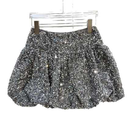 Falda corta de lentejuelas para niñas, falda corta de cintura elástica con lentejuelas brillantes y brotes de flores pesadas, primavera 2025