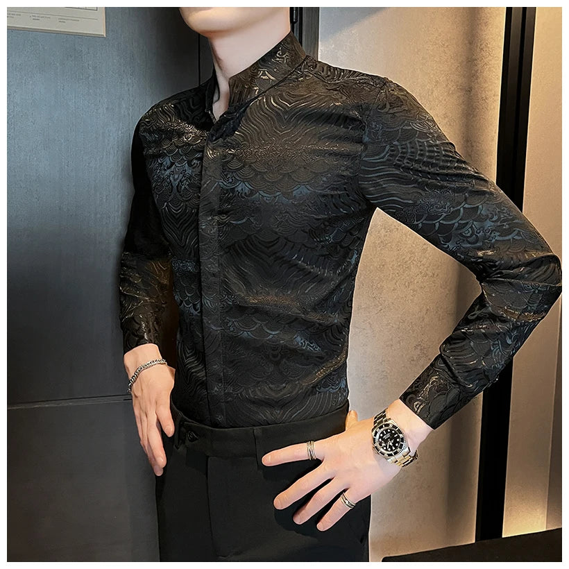 Camisas estampadas de manga larga con cuello levantado para primavera y otoño, camisa informal de moda para hombre de estilo chino Formal Social de negocios